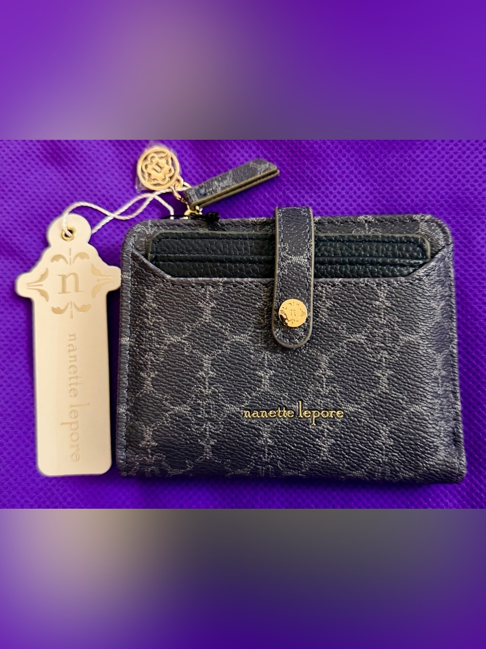 Nanette Lepore Black & Gold Logo Snap Card Wallet